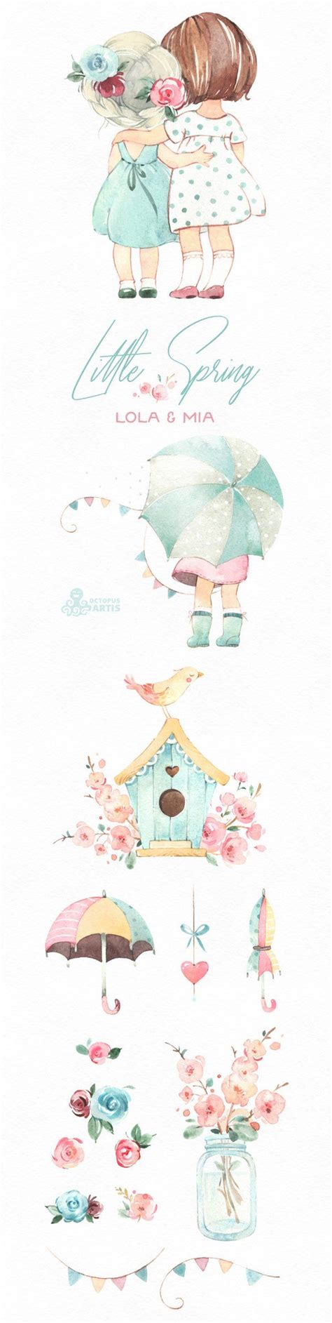 Little Spring Lola And Mia Watercolor Clipart Girls Bestie Bird