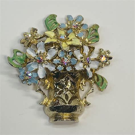 Vintage Flower Basket Brooch Pin Enamel Rhinestones BEAUTIFUL EBay
