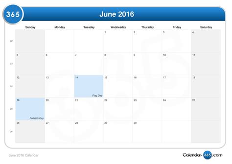 June 2016 Calendar