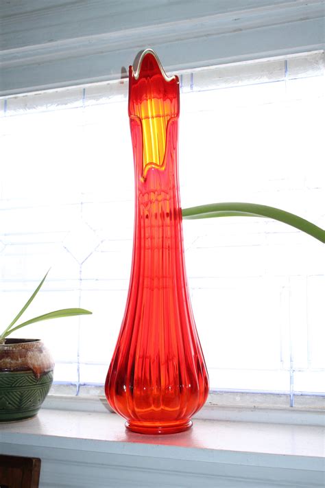 Large Red Glass Vase 24 5 Vintage Mid Century Modern Swung Glass