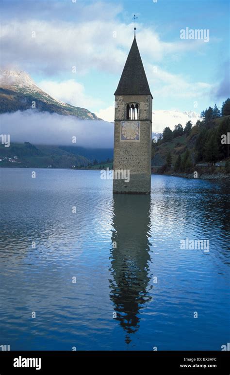 Church Tower Church Towervillage Flooded Hydroelectric Lake Reschen