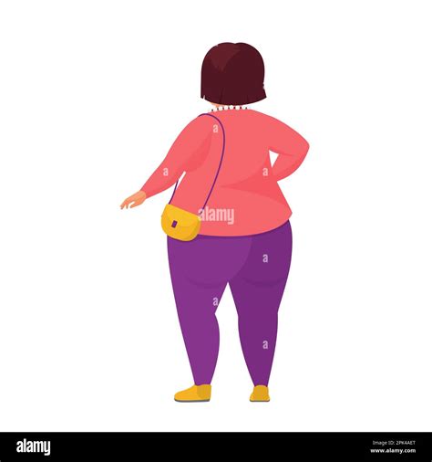 standing back view of fat woman curvy girl in standing position vector cartoon illustration
