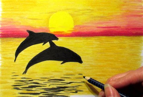 Landscape in Colored Pencil: Sunset and 2 Dolphins Drawing | Jasmina Susak | Dolphin drawing ...