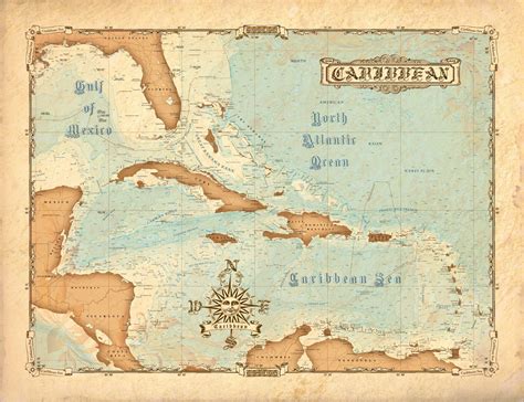 Vintage Caribbean Wrapped Canvas Map Art Waterproof Charts
