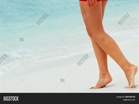 Woman Legs Closeup Walking On White Sand Relaxing In Beach Sexy Lean