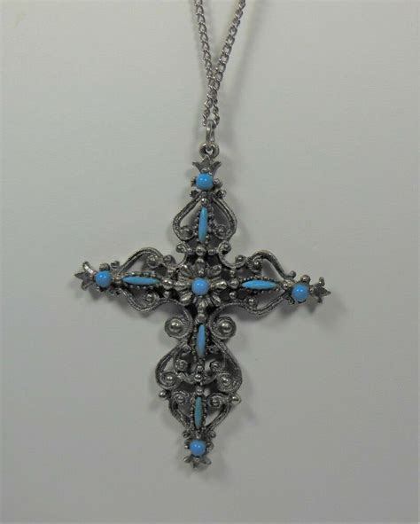 Vintage Silver Tone Faux Turquoise Cross Pendant On Silver Tone Chain