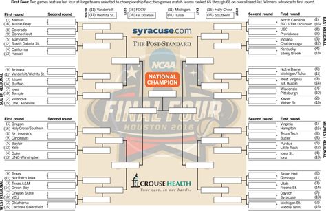 2016 Ncaa Tournament Bracket Print Download Updated March Madness