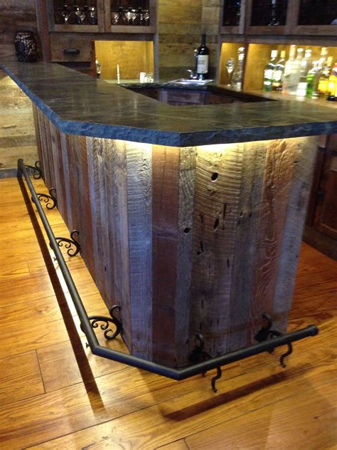 Custom Reclaimed Wood Bar Stone Wrought Iron Lighting Vintage Barn