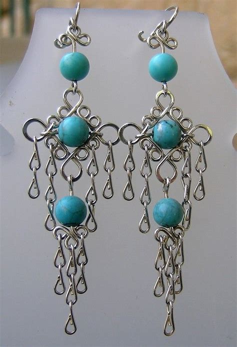 Sterling Silver And Turquoise Handmade Filigree Dangly Chandelier