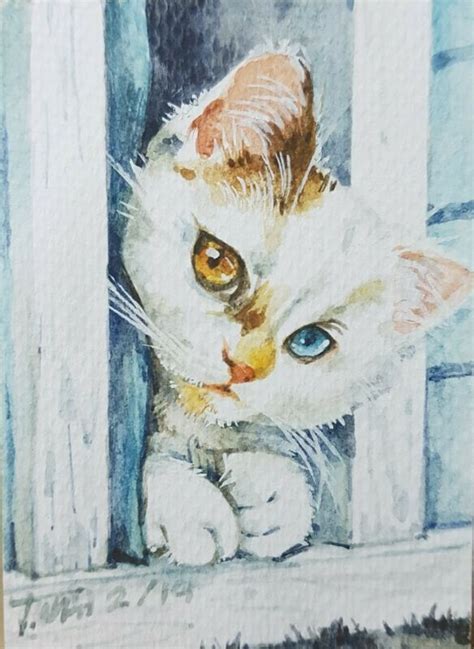 Cute Cat Original Aceo Painting Art Collect T Card Kitten Window