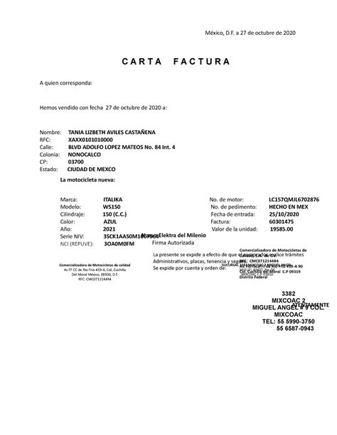 Carta Factura Italika México D A 27 De Octubre De 2020 A Quien