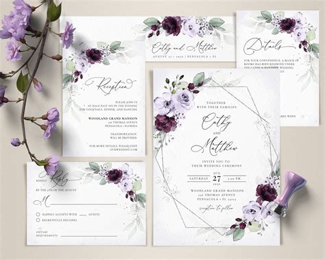 Wedding Stationery With Purple Flowers And Greenery