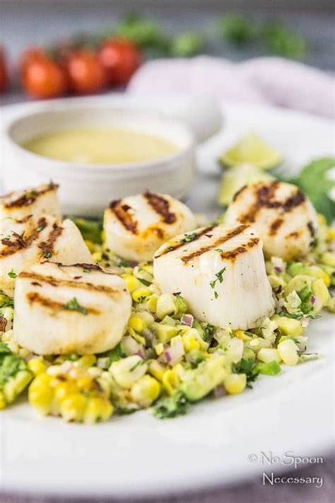 These are a low calorie nutritious snack. Grilled Scallops with Avocado & Corn Salsa {and Honey-Lime ...
