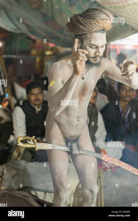 Naga Sadhu With Penis Around Sword Shivratri Bhavnath Mela Stock