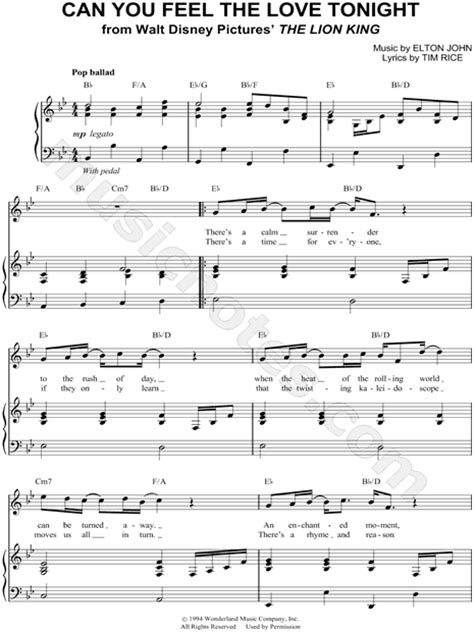 There's a calm surrender to the rush of day when the heat of the rolling world can be turned away an enchanted moment and it sees me through it's enough for. Elton John "Can You Feel the Love Tonight" Sheet Music in ...