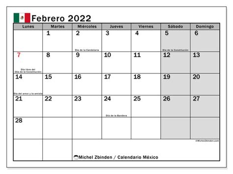 Calendarios Febrero 2022 “días Feriados” Michel Zbinden Es