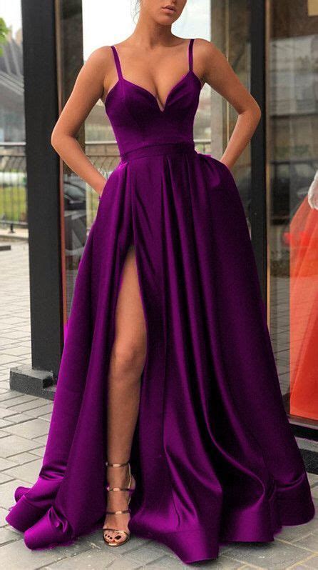 Purple Spaghetti Straps Prom Dresses Slit Sexy Evening Dress Hoprom