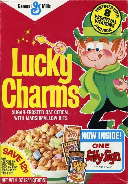 Some symbols ward off evil and some items protect people from curses. Lucky Charms cereal box | 1977 - SIlly SIgn offer | Flickr