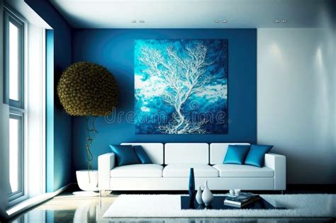 Beaful Rich Home Interior Blue With White Sofa And Painting On Wall