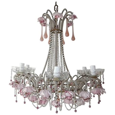 French Beaded Pink Opaline Porcelain Roses Chandelier Circa 1920 For