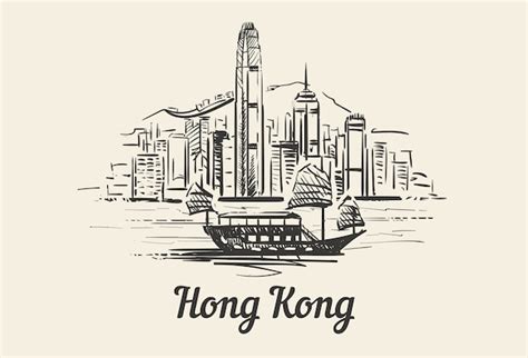 Premium Vector Hong Kong Skyline With Boat Hand Drawn Sketch