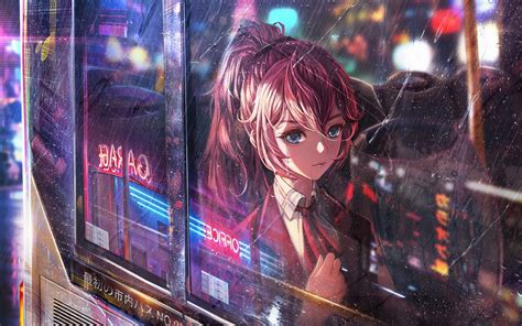 1680x1050 Anime Girl Bus Window Neon City 4k 1680x1050