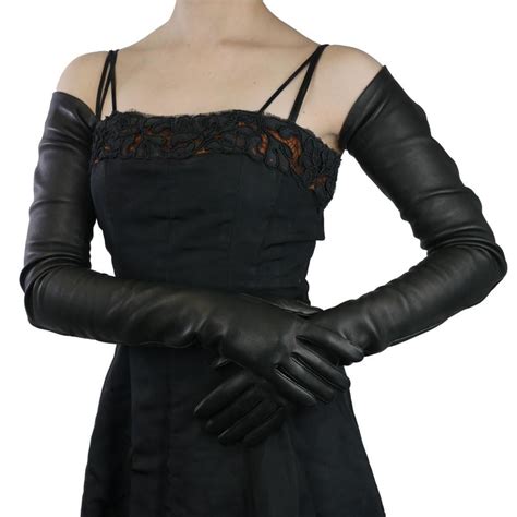 Long Black Leather Gloves Full Arm Length To Shoulder With Silk