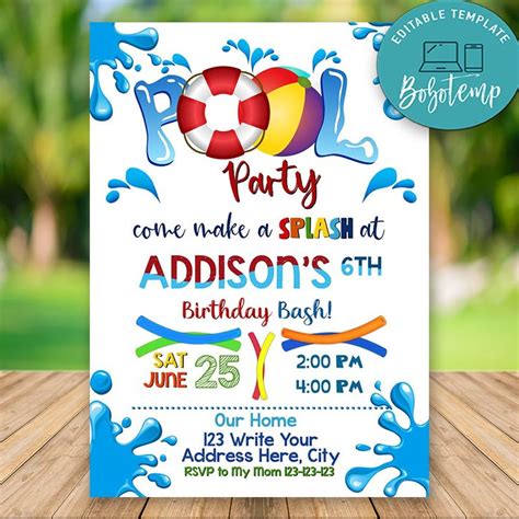 Editable Swimming Pool Party Invitations Instant Download Createpartylabels