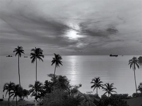 Black And White Wallpaper Of Peaceful Sunrise Sunset Seascape And Ocean