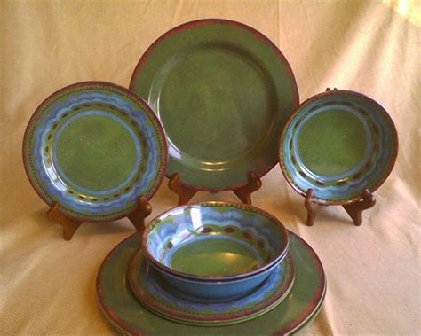 19 Piece Green Blue Tuscan Southwest Stoneware Look Melamine Dish Bowl