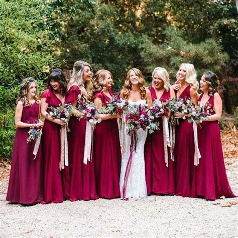 Fall Wedding Maroon Bridesmaid Dresses And Navy Mans Suit With