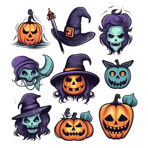 Halloween Color Vector Illustration Set Halloween Horror Nights Witch Broom Witch Halloween