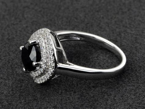 Natural Black Spinel Ring Double Halo Engagement Ring Black Etsy