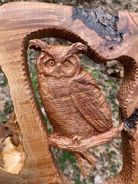 Owl Wood Carving Hand Carved Wood Art Maple Burl Owl Sculpture By Josh Carte Log Home Decor