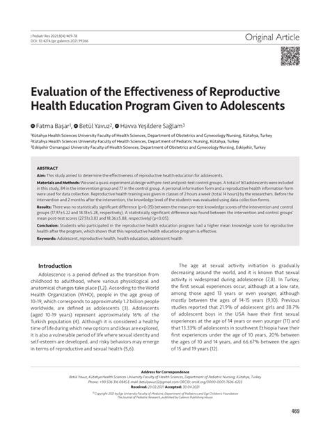 pdf evaluation of the effectiveness of reproductive health education program given to adolescents