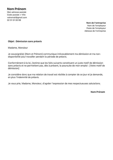 Exemple de lettre de demission avec préavis à télécharger en PDF