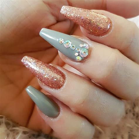 Grey And Peach Acrylic Sculpted Nails With Glitter And Gems Sculpted