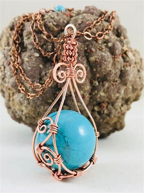 Adjustable Copper Wire Wrapped Turquoise Sphere Pendant Wire Wrapped