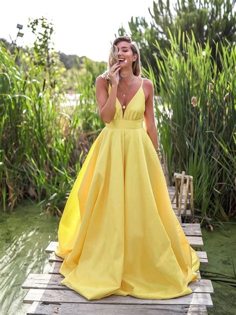 Yellow A Line V Neck Backless Satin Long Prom Dresses Yellow V Neck G