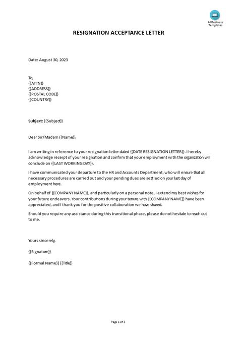 Sample Resignation Acceptance Letter Templates At