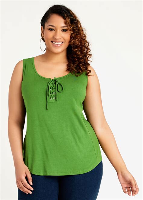 Plus Size Basic Stretch Knit Scoop Neck Edgy Lace Up Tank Fitted Tops