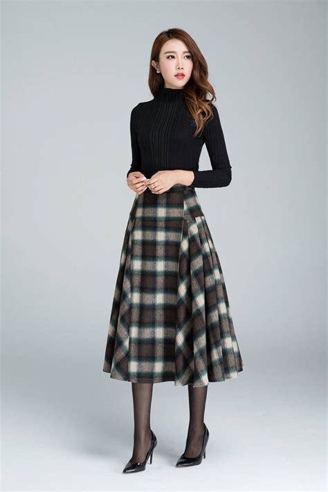 Tartan A Line Midi Wool Skirt 1950s Women Vintage Inspired Wool Plaid