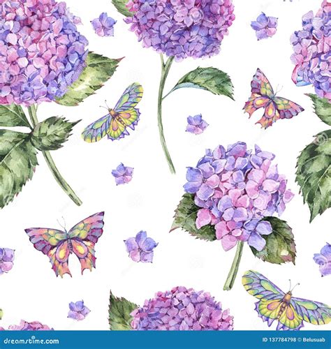 Watercolor Summer Seamless Pattern With Pink Hydrangea And Butterflies