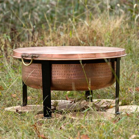 Can be placed on wooden deck with heat resistant barrier. Handcrafted Copper Fire Pit / Grill / Table - The Green Head