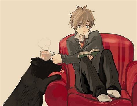 Anime Boy Tea Dog Pet Reading Book Sitting Kawaii