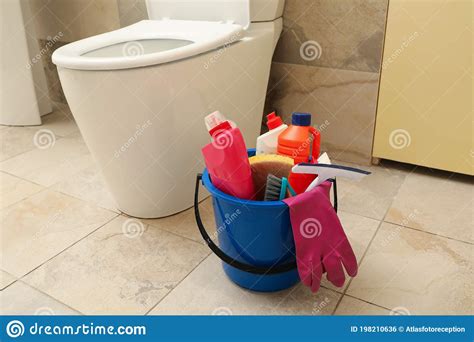 Bucket With Cleaning Products In Modern Bathroom Stock Photo Image Of