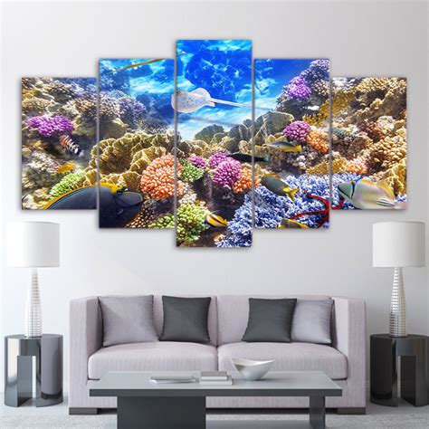 Framed 5 Piece Coral Reef Tropical Fish Ocean Poster Canvas Wall Art