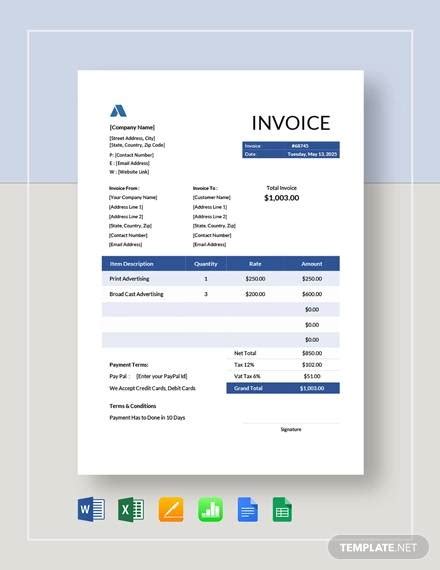 advertising invoice templates   word excel