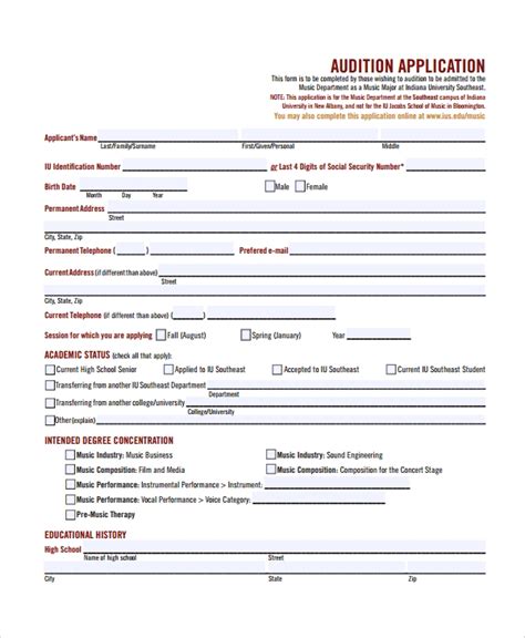 Audition Form Template Word Printable Templates