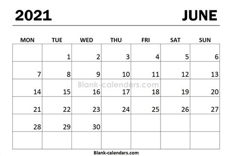 Jun 2021 Calendar Mon Start Free Resume Templates